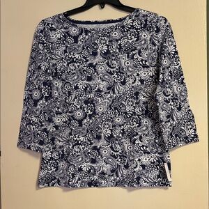 Talbots Navy and White Paisley Long Sleeve Top Lp